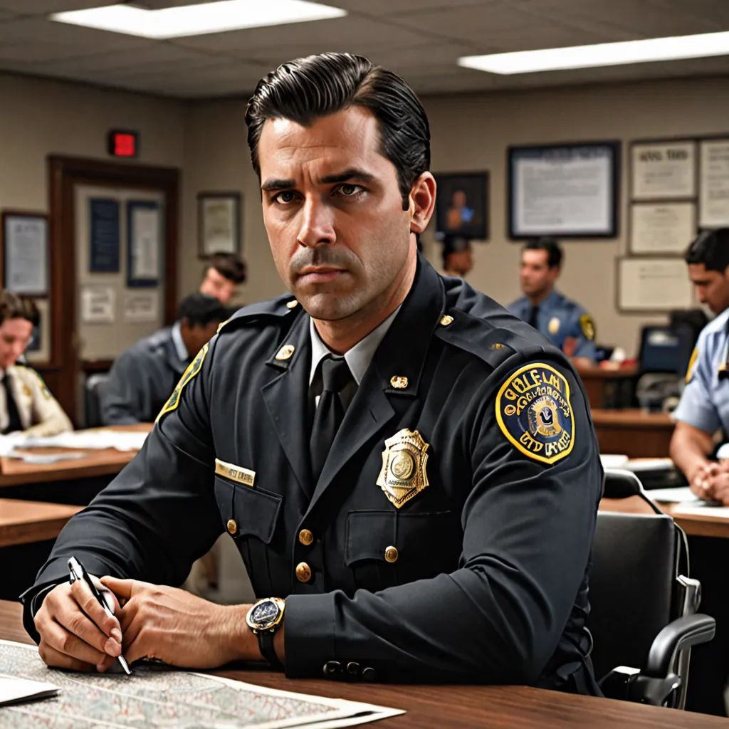a man in a police uniform sitting at a desk with a pen in his hand and a notebook in his other hand, american realism, a colorized photo, Edward Otho Cresap Ord, II, promotional image