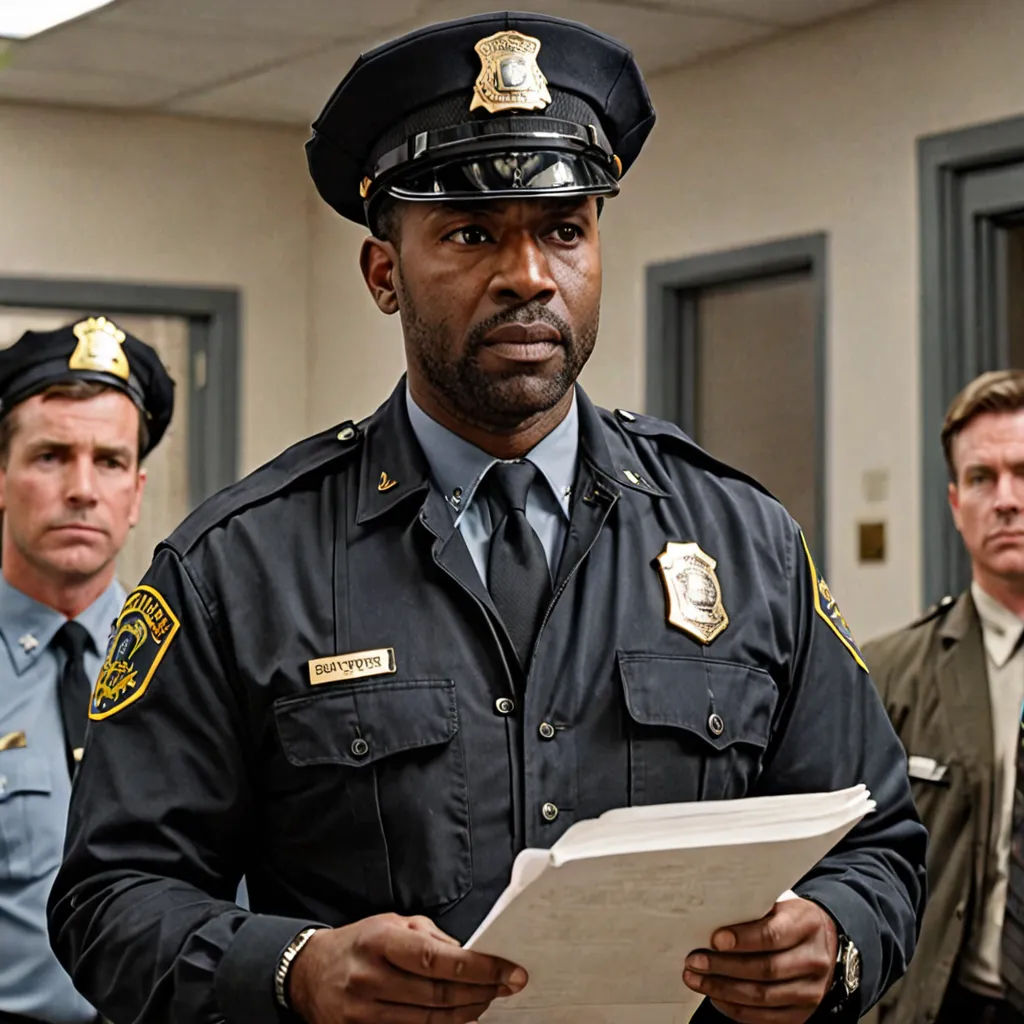 a man in a police uniform holding a piece of paper in his hands while other men stand in the background, institutional critique, a colorized photo, Derold Page, promotional image