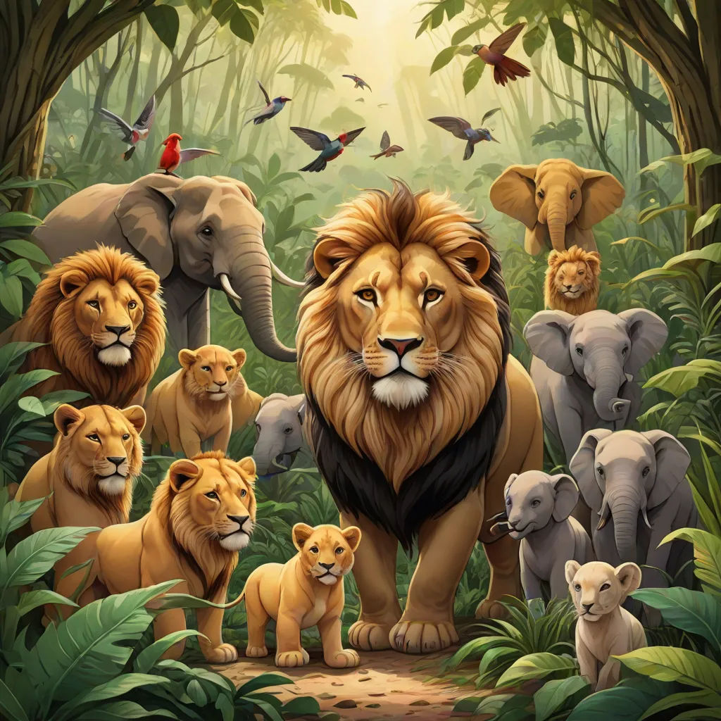 a painting of a group of lions in a jungle with birds flying overhead and a bird on the top of the picture, sumatraism, an airbrush painting, Chris LaBrooy, official art