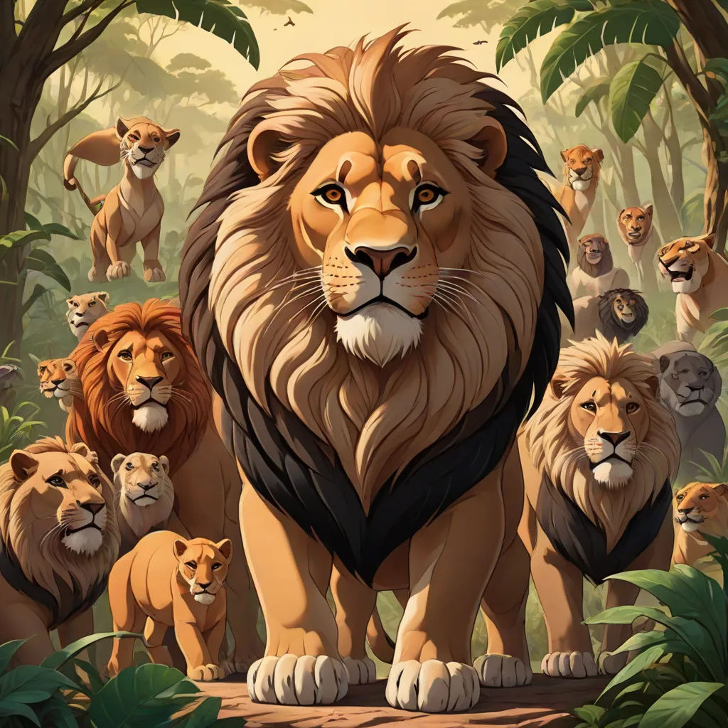 a group of lions standing in the jungle together with trees and bushes in the background, with a yellow sky, furry art, a poster, Chris LaBrooy, official art
