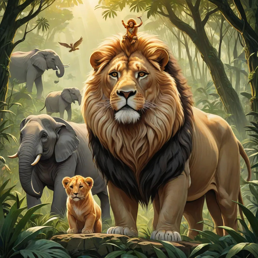 a lion and two cubs in a jungle with birds on their heads and a bird on their head, and a bird on top of their head, fantasy art, an oil painting, Chris LaBrooy, highly detailed digital painting