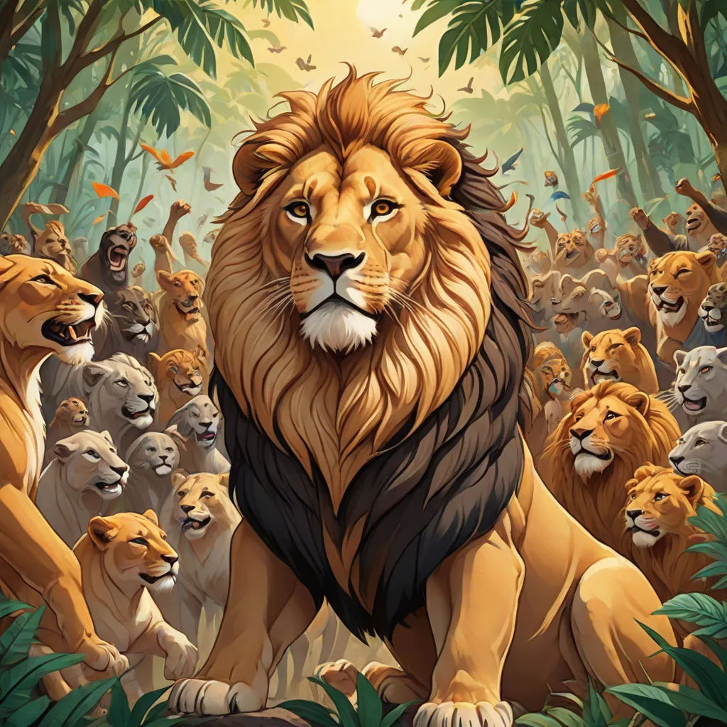 a lion surrounded by other lions in a jungle setting with trees and birds in the background, with a sun shining on the top of the lion, furry art, poster art, Chris LaBrooy, furaffinity