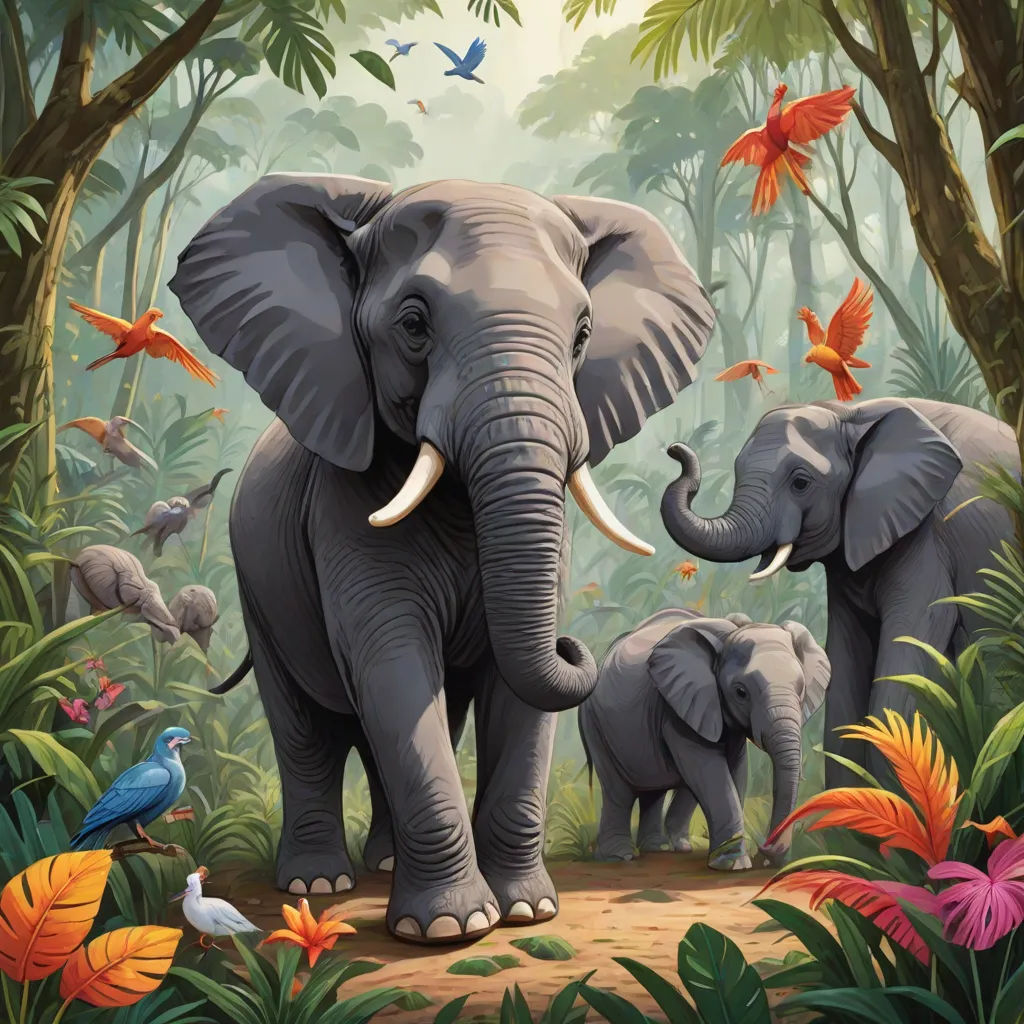 a painting of an elephant and her babies in the jungle with birds and flowers around them, and a bird on the ground, sumatraism, a storybook illustration, Chris LaBrooy, highly detailed digital painting