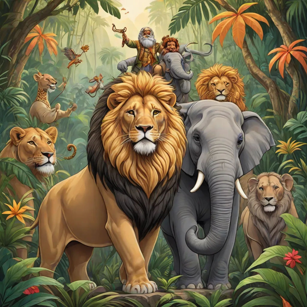 a painting of a group of lions and lions in the jungle with a man on top of one of the lions, naive art, a storybook illustration, Chris LaBrooy, highly detailed digital painting