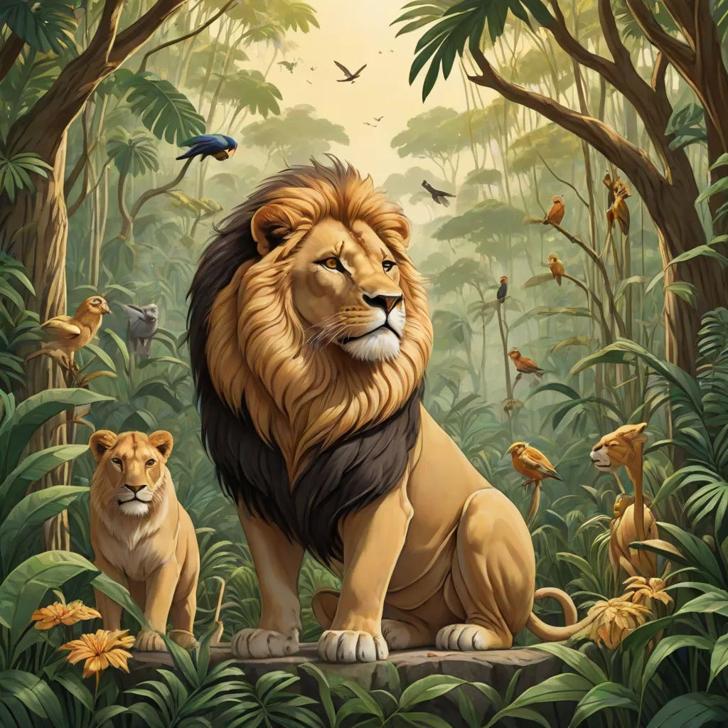 a lion and a bird in a jungle with birds flying around it and a bird on the tree branch, fantasy art, an airbrush painting, Chris LaBrooy, highly detailed digital painting