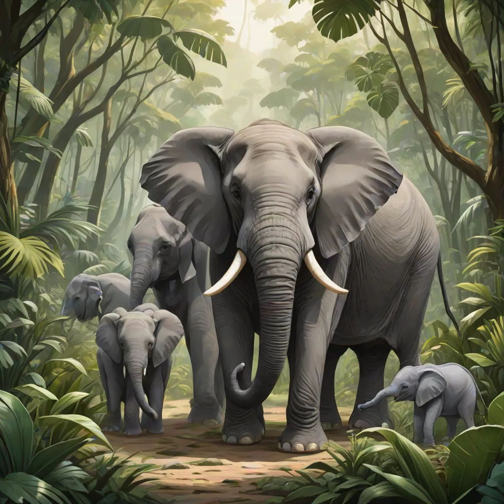 a painting of a family of elephants in the jungle with trees and plants around them, with a baby elephant standing between them, sumatraism, a digital painting, Amédée Ozenfant, highly detailed digital painting