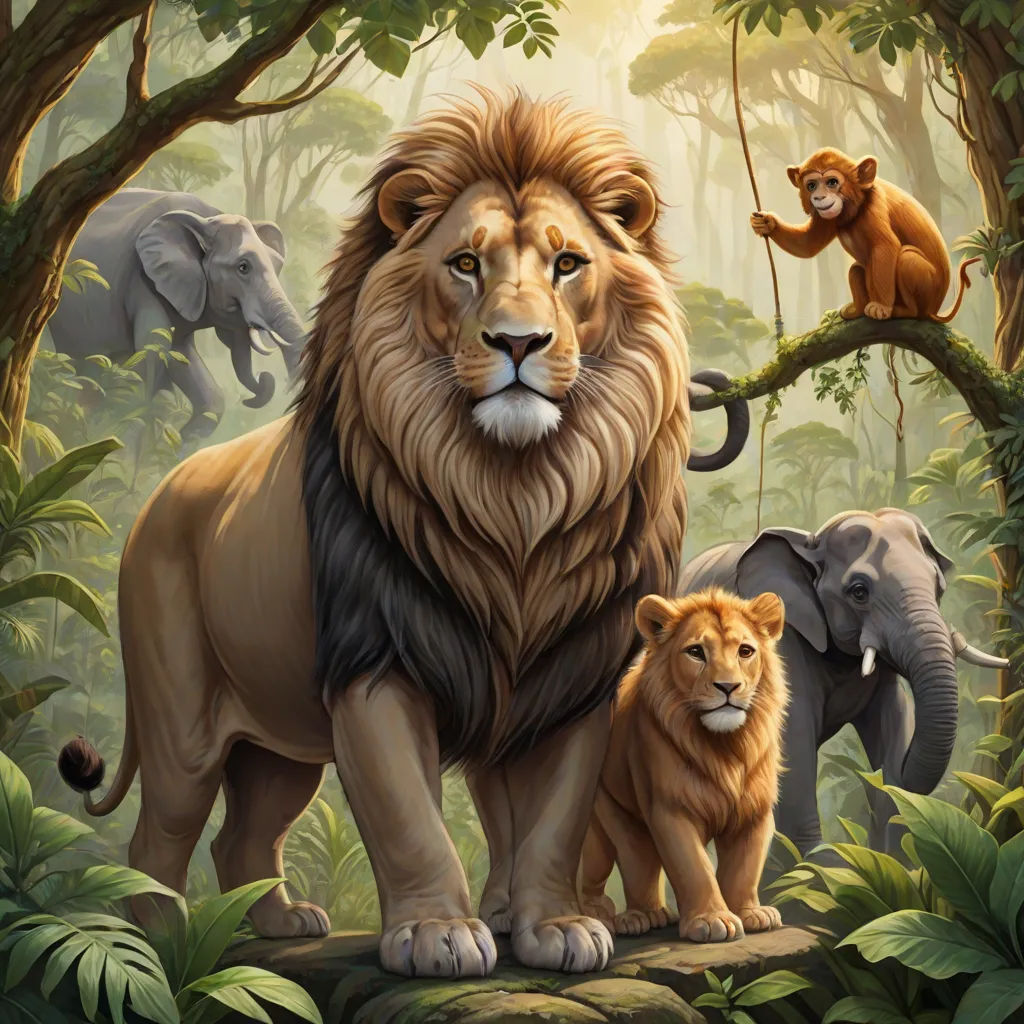 a painting of a lion and two lions in a jungle with monkeys on the tree branches and a monkey on the tree branch, sumatraism, an oil painting, Chris LaBrooy, highly detailed digital painting
