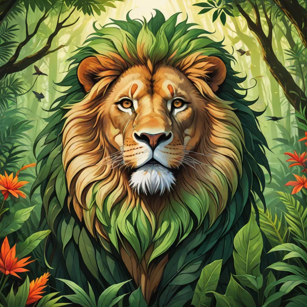 a lion with a green mane and orange eyes in a jungle scene with flowers and trees and leaves on the ground, fantasy art, a digital painting, Chris LaBrooy, highly detailed digital painting