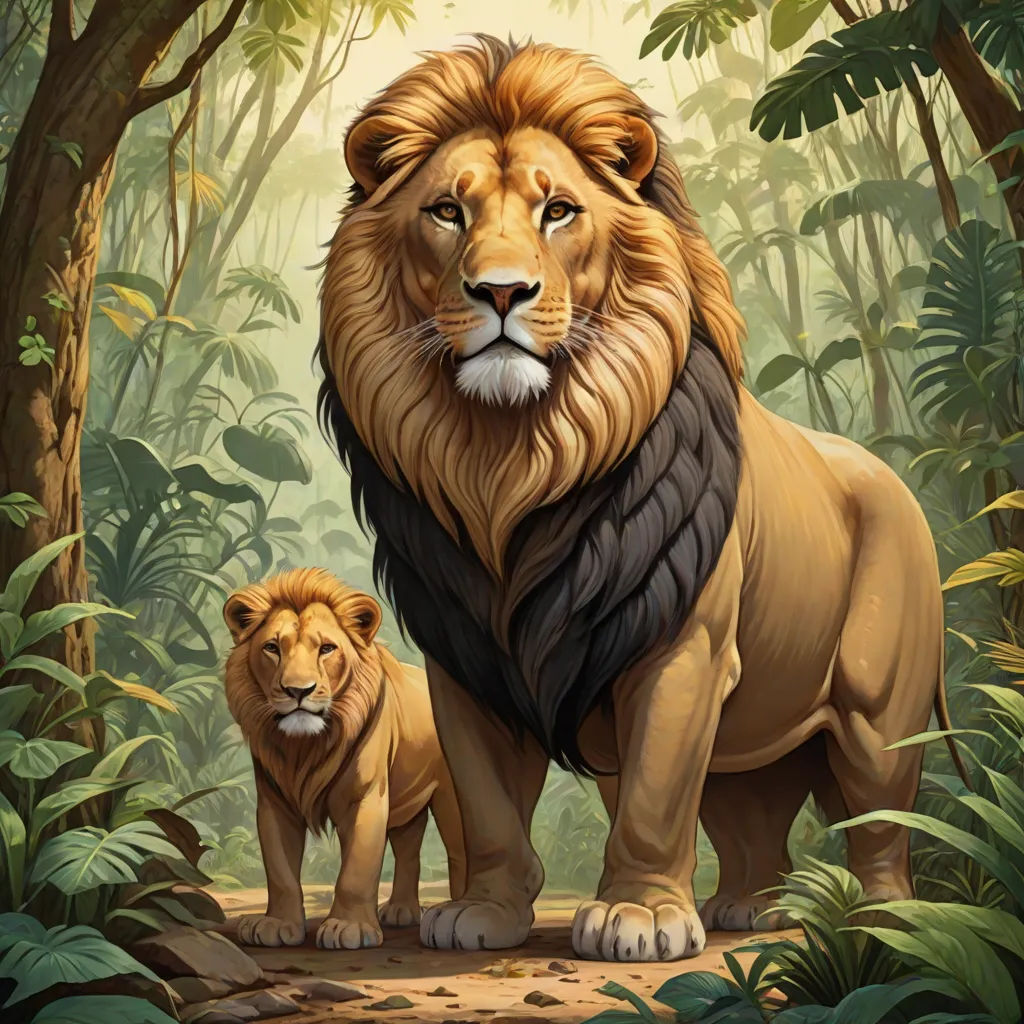 a lion and a lion cub standing in the jungle together, with trees and foliage in the background, and a backdrop of foliage, furry art, an oil painting, Brothers Hildebrandt, official art