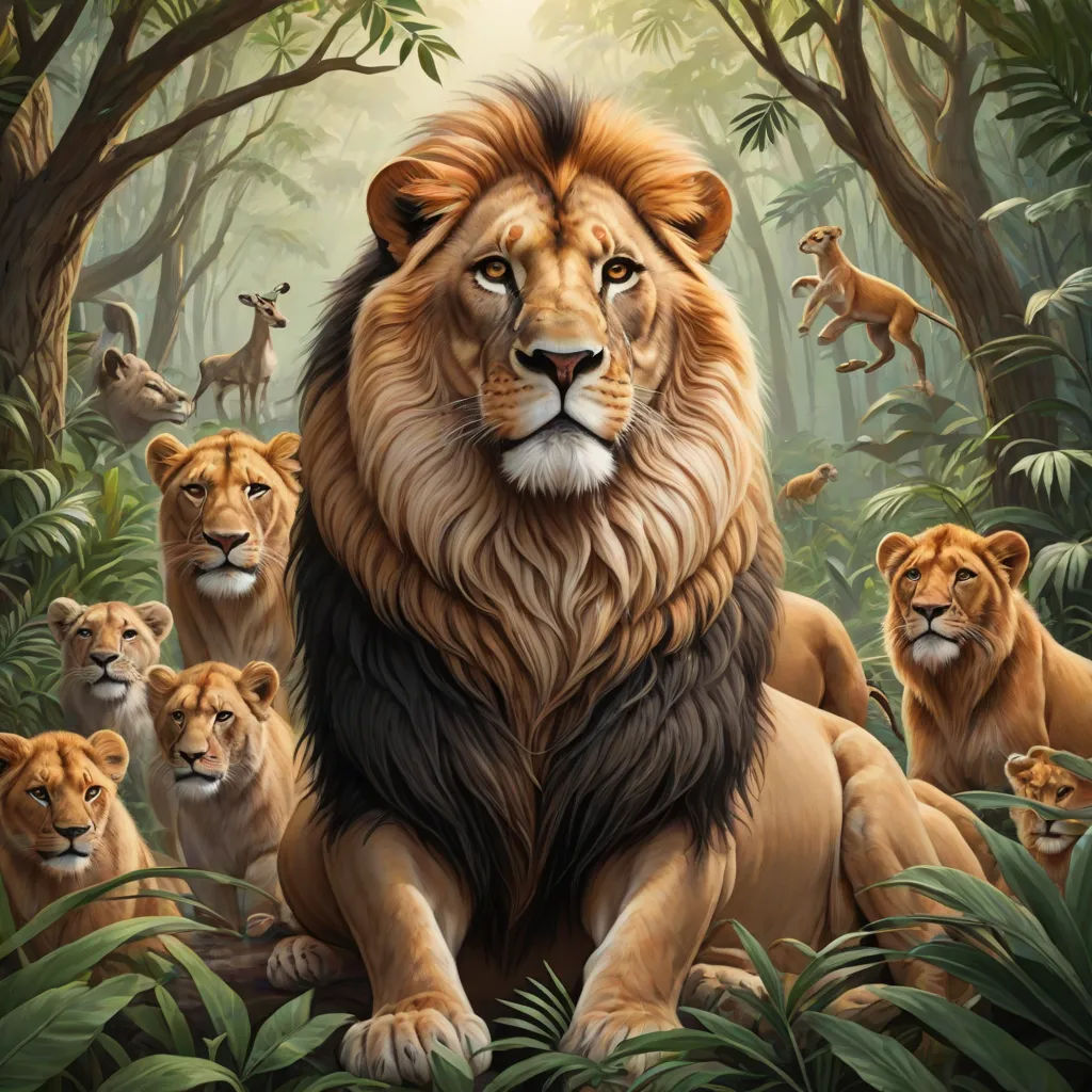 a painting of a lion surrounded by other lions in a jungle setting with trees and bushes and bushes, with a sun shining through the trees, furry art, an oil painting, Chris LaBrooy, highly detailed digital painting