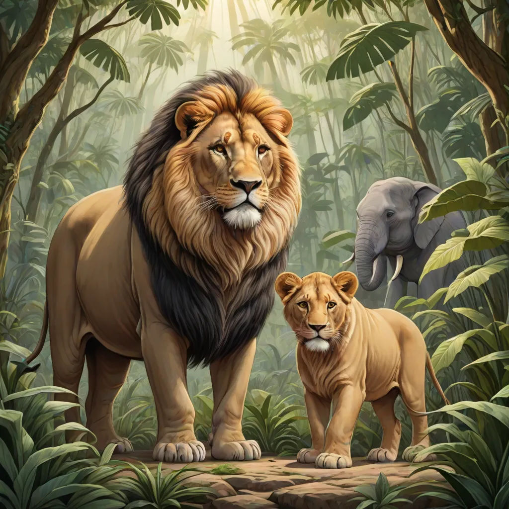 a lion and a lioness in a jungle scene with elephants in the background and a third lion in the foreground, sumatraism, an airbrush painting, Chris LaBrooy, highly detailed digital painting