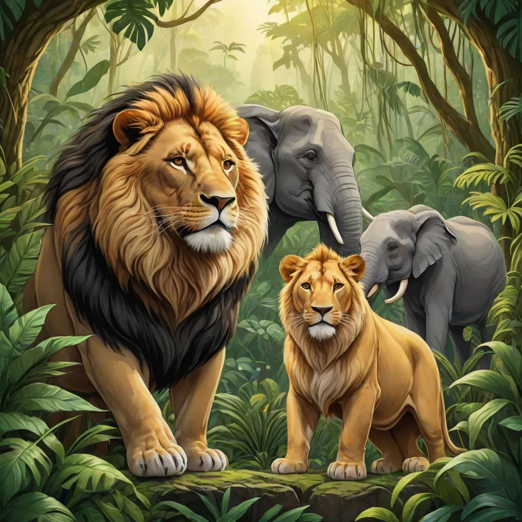 a painting of two lions and a lion in the jungle with trees and plants around them, with a baby lion standing between them, sumatraism, a digital painting, Chris LaBrooy, highly detailed digital painting