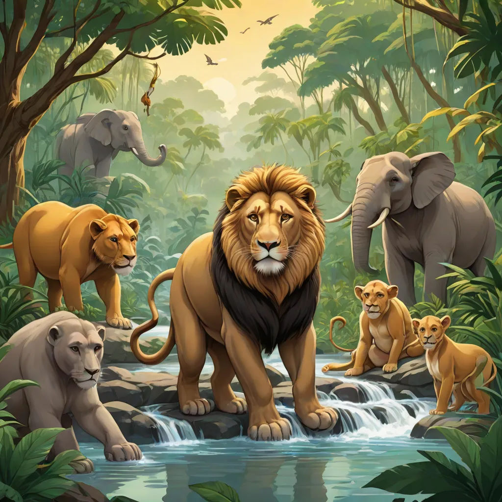 a group of lions standing on a river in the jungle with a waterfall and trees in the background, with a group of lions standing on the bank, sots art, an album cover, Chris LaBrooy, official art
