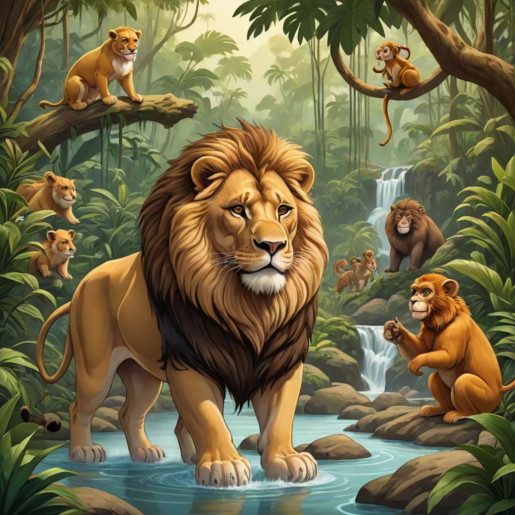 a painting of lions in a jungle with a waterfall and monkeys in the background, with a waterfall running through the jungle, fantasy art, an oil painting, Chris LaBrooy, official art