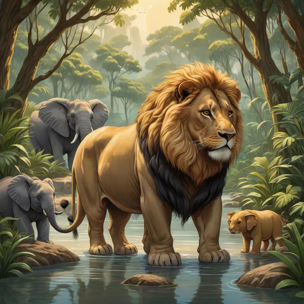 a painting of a lion and two cubs in a jungle setting with a river and trees in the background, fantasy art, an oil painting, Chris LaBrooy, highly detailed digital painting