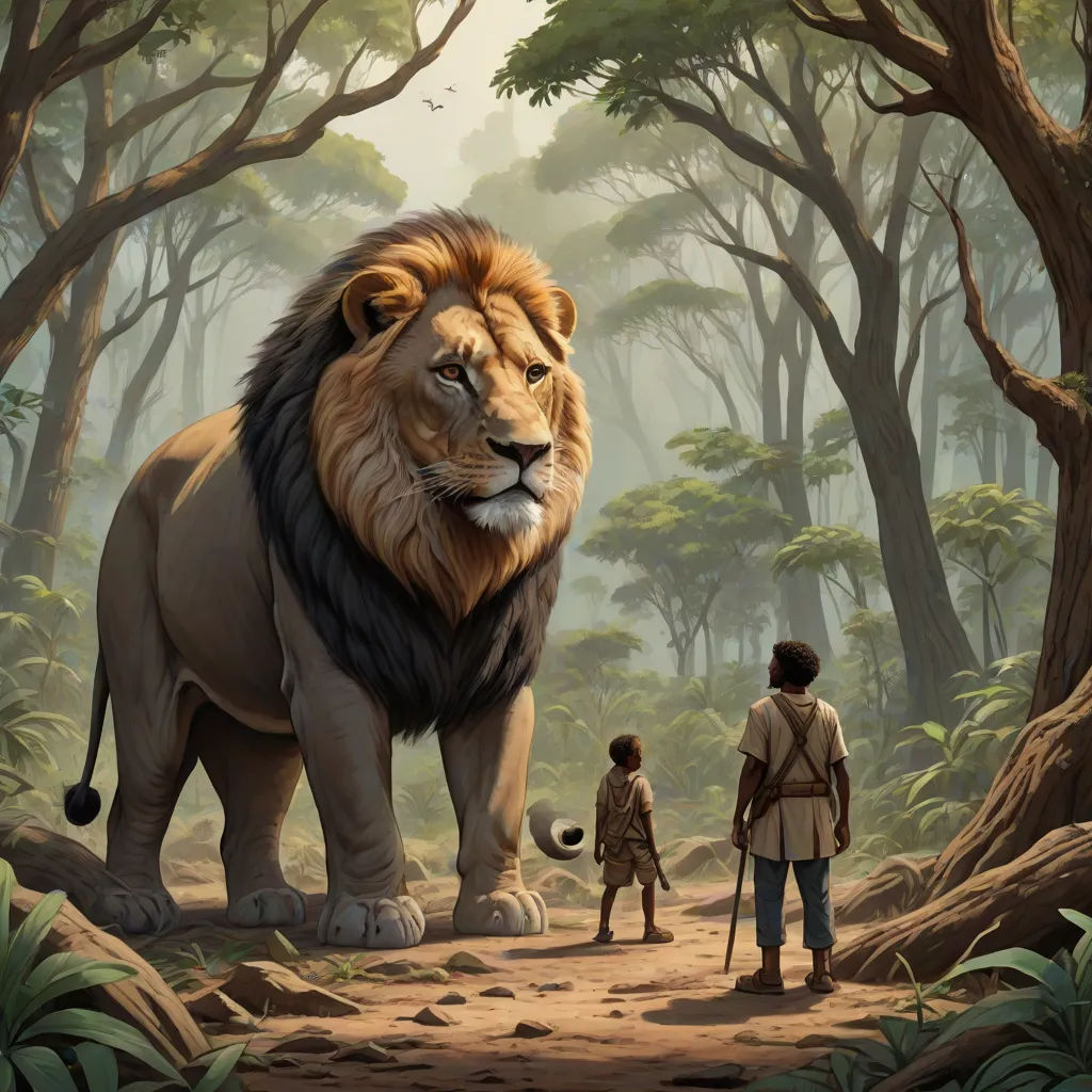 a painting of a lion and a man in a forest with trees and rocks, with a boy standing in front of it, fantasy art, a detailed matte painting, Chris LaBrooy, official art