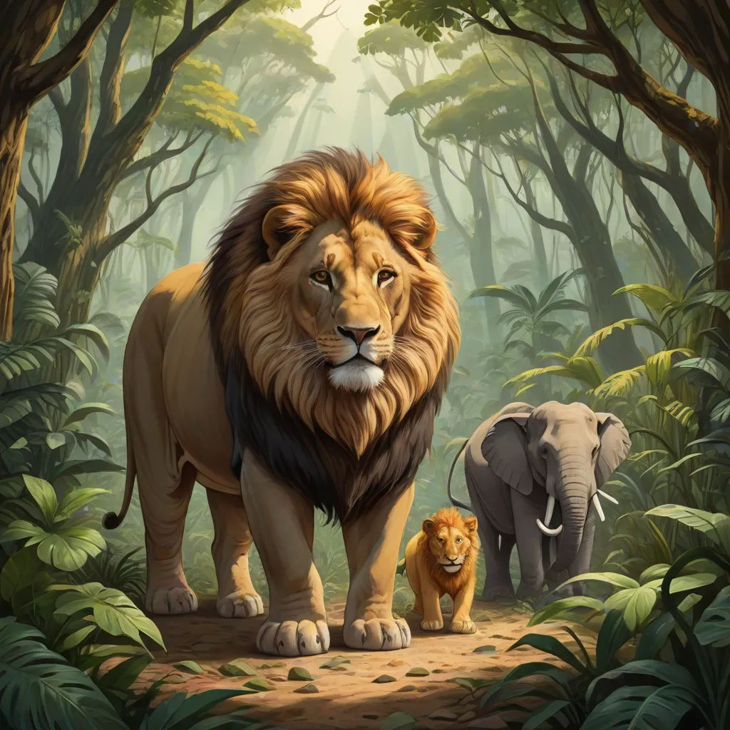 a lion and a lioness in a jungle scene with trees and bushes and a lion in the foreground, sots art, an oil painting, Chris LaBrooy, official art