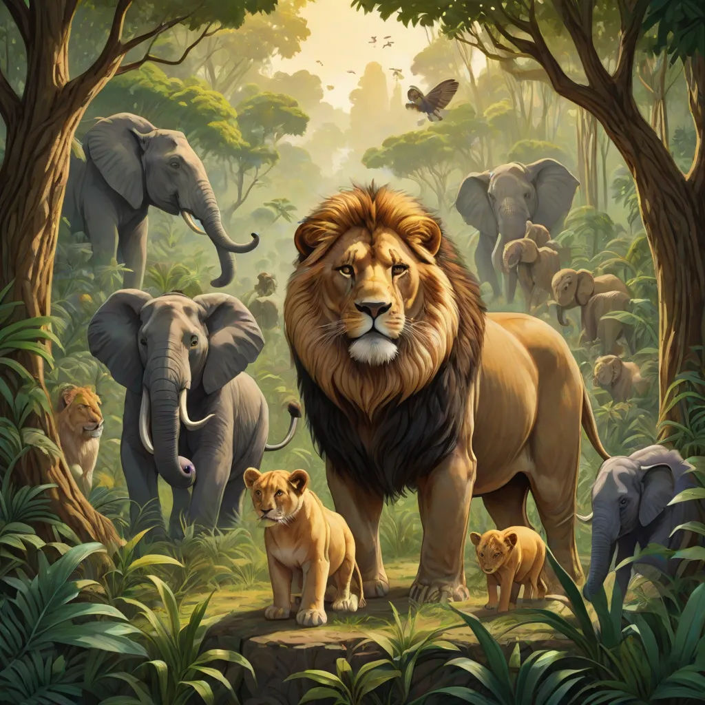 a painting of a lion and its cubs in a jungle setting with a butterfly flying above them and a group of elephants, sumatraism, an oil painting, Chris LaBrooy, highly detailed oil painting