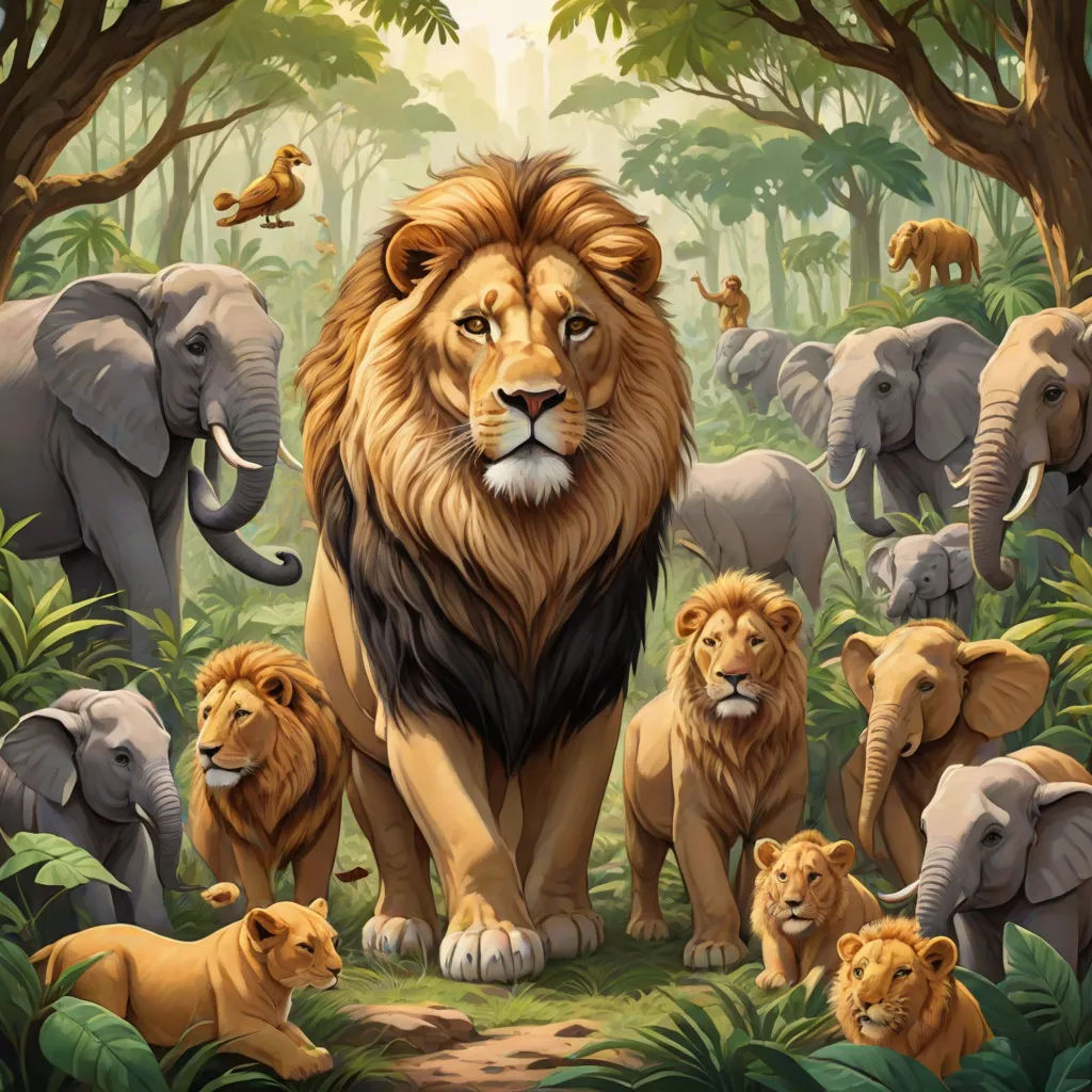 a painting of a lion surrounded by other animals in a jungle setting with trees and bushes in the background, sumatraism, an oil painting, Chris LaBrooy, official art