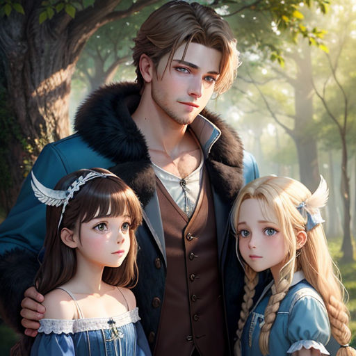 a man and two girls standing next to each other in a forest with trees and grass behind them, and a man in a blue coat and a woman in a brown dress