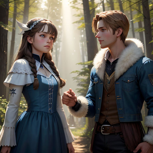 a man and a woman dressed in costumes in a forest with sunlight streaming through the trees behind them and a forest path