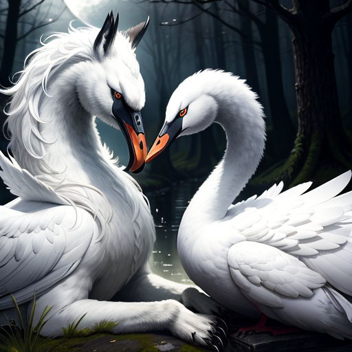 two white swans sitting on a rock in the woods with a full moon in the background and a tree in the foreground