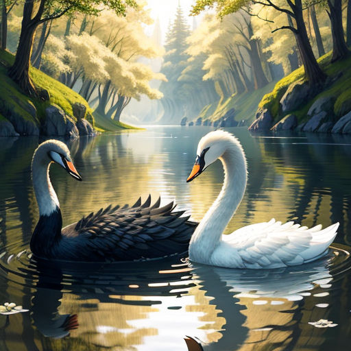 two swans swimming in a lake surrounded by trees and grass, with a forest in the background and a pond in the foreground