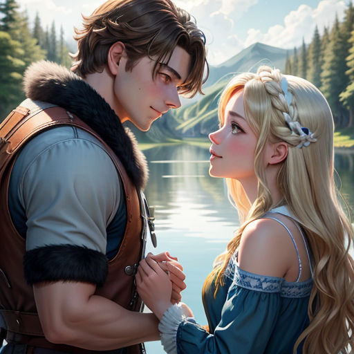 a couple of people standing next to each other near a lake and forest with a mountain in the background
