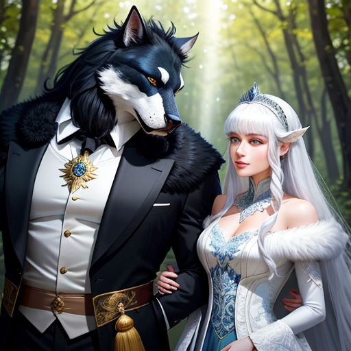 a couple dressed up as a wolf and a woman in a wedding dress standing next to each other in a forest
