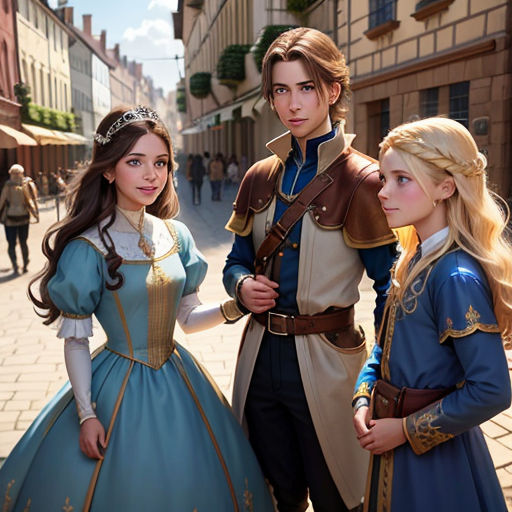 a group of people standing next to each other on a street near buildings and people in costume and hair
