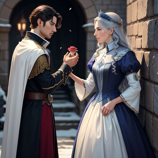 a man in a white and blue dress is handing a rose to a woman in a white and blue dress