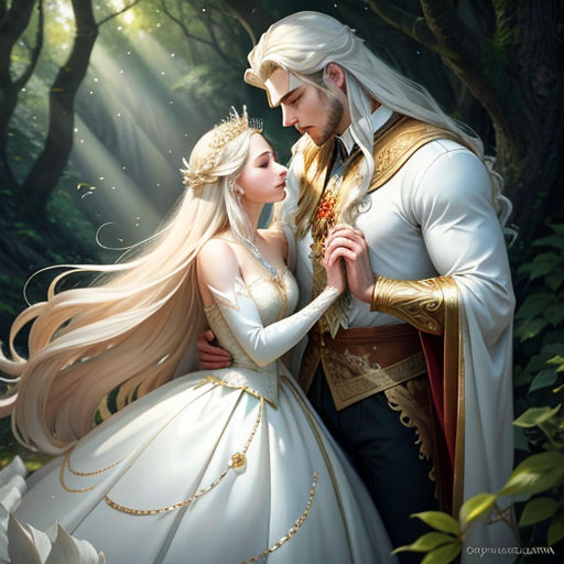 a man and woman dressed in white are standing in the woods together, dressed in white and gold, and holding hands