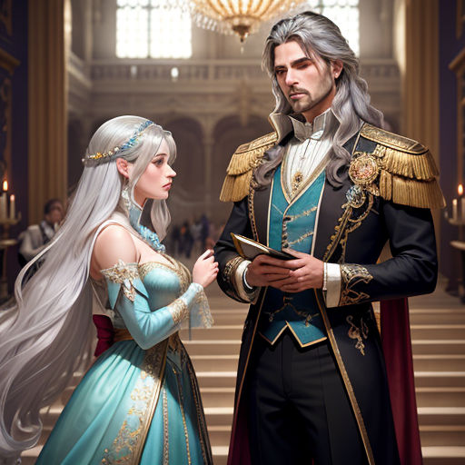 a man and a woman dressed in medieval clothing standing next to each other in a hall of a building