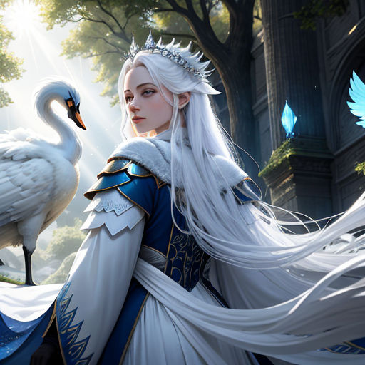 a woman dressed in white with a swan on her shoulder and a bird on her shoulder, standing in front of a castle