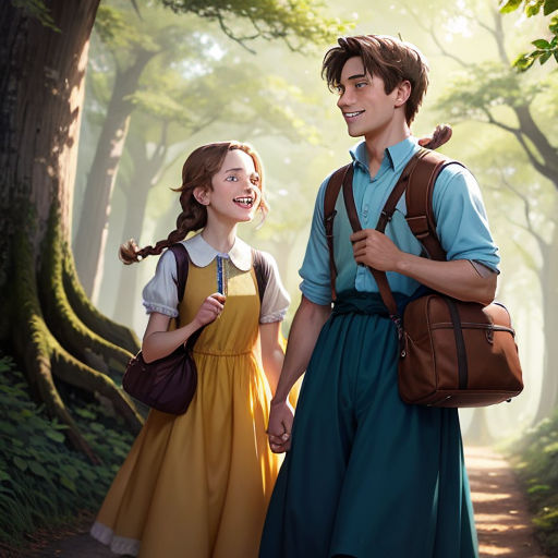 a man and a woman walking down a forest path holding hands and smiling at each other's faces