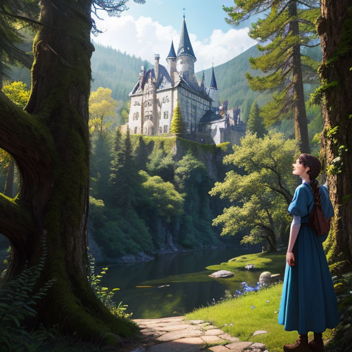 a woman in a blue dress standing in front of a castle in the woods with a lake and trees