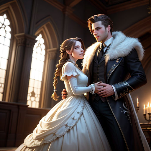 a man and woman dressed in wedding attire standing next to each other in a church with candles in the windows