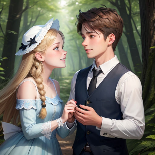 a young man and woman dressed in historical clothing standing in a forest looking at each other with a forest background