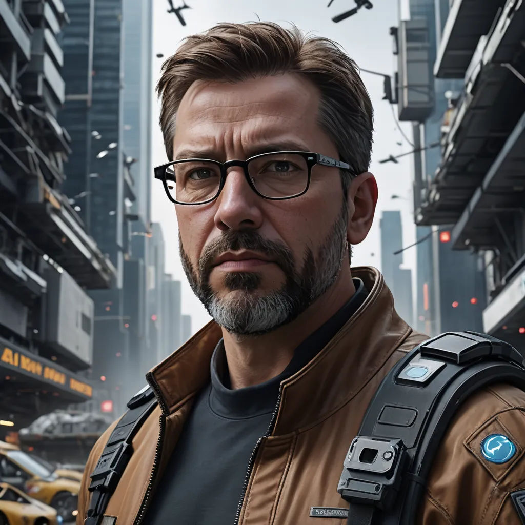 a man in a leather jacket and glasses standing in a city street with a helicopter overhead in the background, photorealism, a character portrait, Doc Hammer, unreal engine 5 highly rendered
