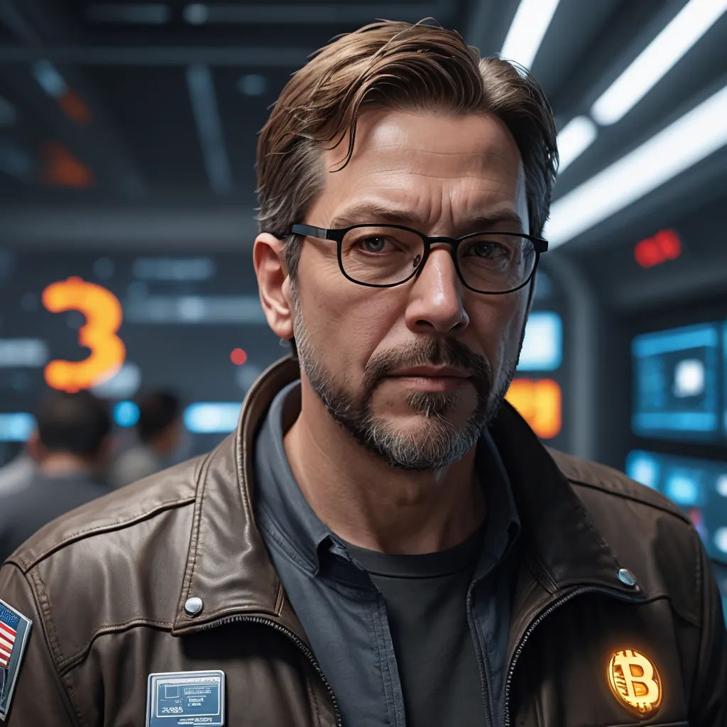 a man in a leather jacket and glasses looking at the camera with a bitcoin on his chest, space art, a character portrait, Doc Hammer, redshift render