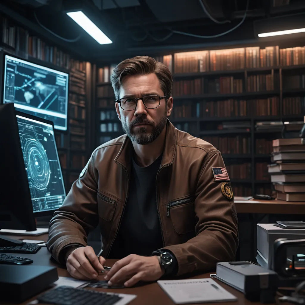 a man sitting at a desk in front of a computer monitor and keyboard in a library with bookshelves, rayonism, a character portrait, Dan Scott, promotional image