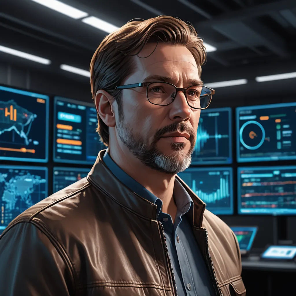 a man in a leather jacket and glasses in a room with many monitors and screens on the wall and a clock, photorealism, computer graphics, Carl Eugen Keel, unreal engine 5 quality render