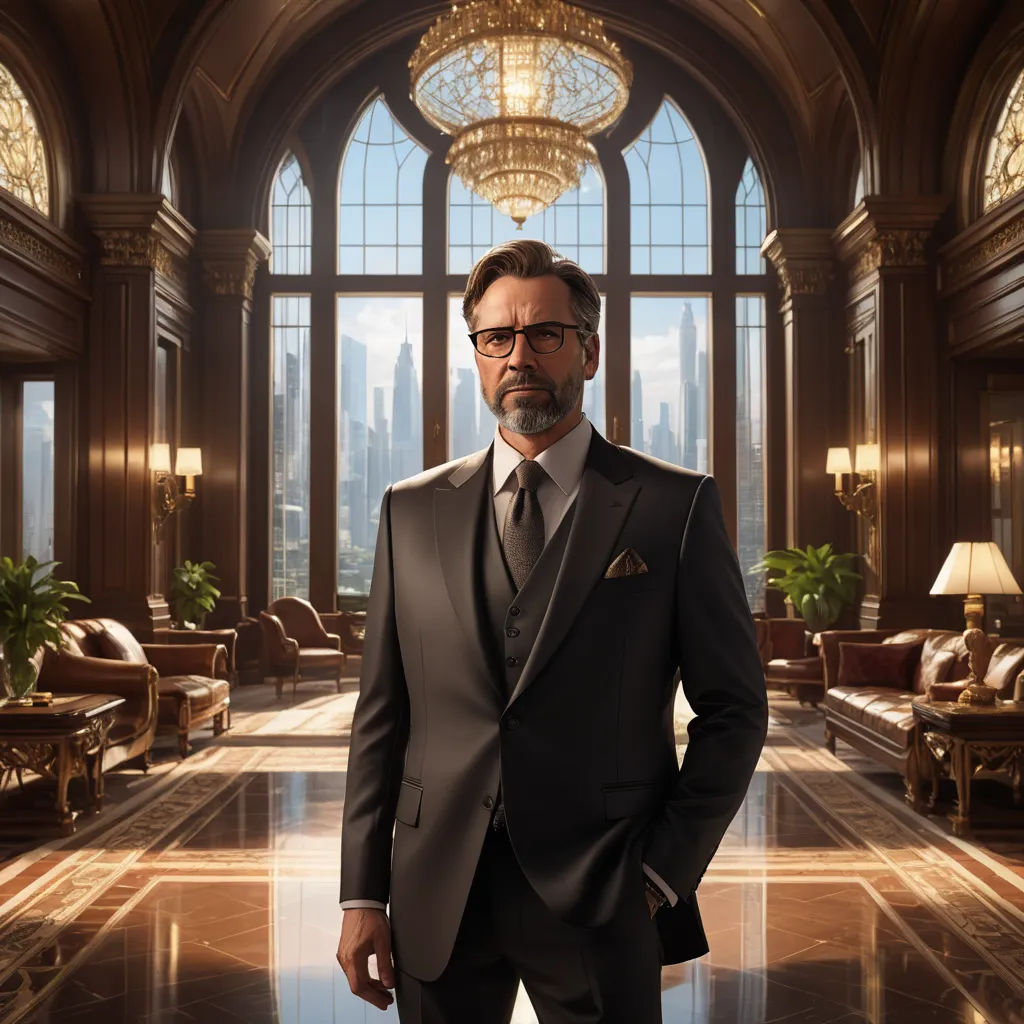 a man in a suit and tie standing in a room with a chandelier and a chandelier, sots art, a character portrait, Alejandro Burdisio, j. c. leyendecker 8 k