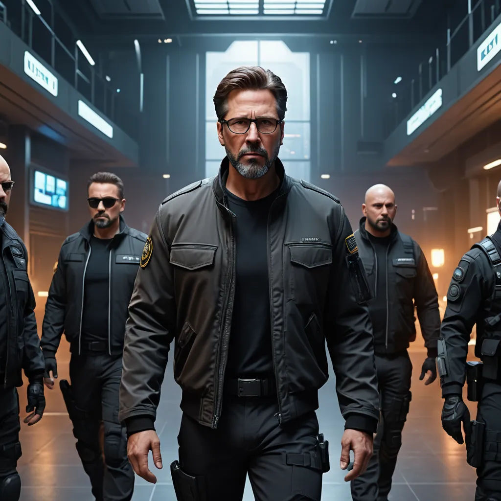 a group of men in black jackets and sunglasses walking through a building with a man in a black shirt, rayonism, poster art, Dan Scott, promotional image