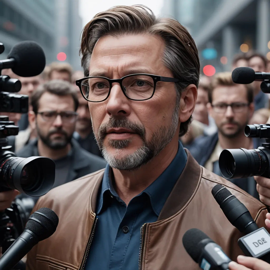 a man with glasses and a beard is surrounded by reporters and microphones in a city street, with a building in the background, new objectivity, a stock photo, Dan Scott, vfx