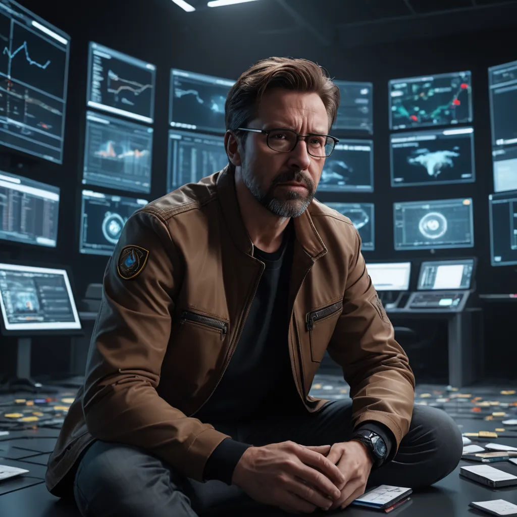 a man sitting on the floor in front of a bunch of monitors and a tablet computer in a room with many screens, rayonism, a character portrait, Dan Scott, promotional image