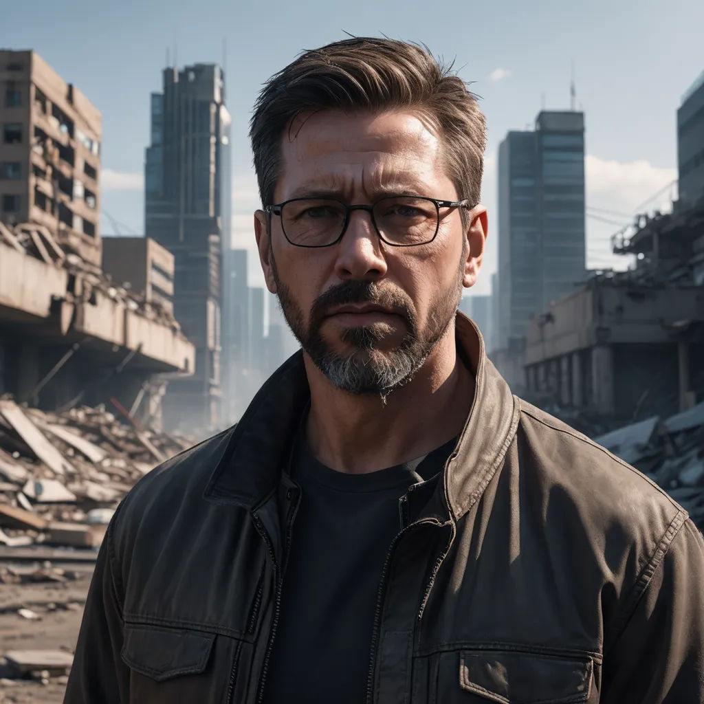 a man with glasses standing in front of a destroyed building in a city with a sky background and a cityscape, de stijl, a character portrait, Dirk Helmbreker, promotional image