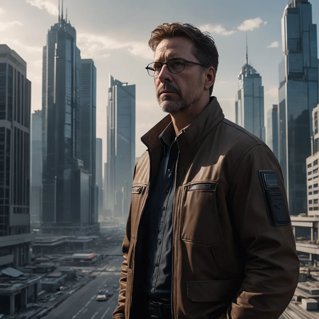 a man in a brown jacket standing in front of a city skyline with skyscrapers in the background and a cloudy sky, futurism, a character portrait, Eugene Montgomery, promotional image
