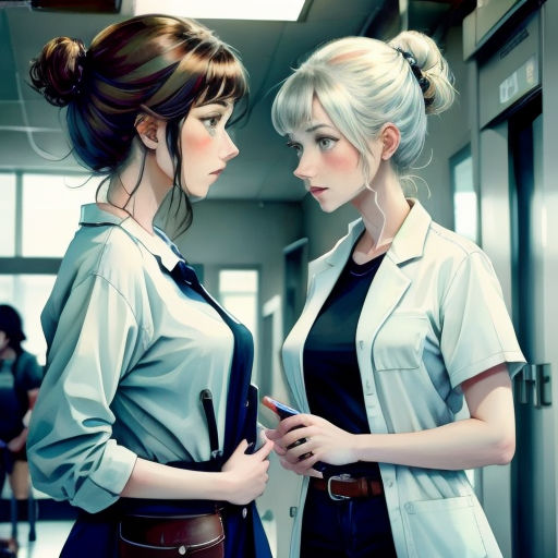 two women standing next to each other in a hallway with a cell phone in their hands and a man in a suit