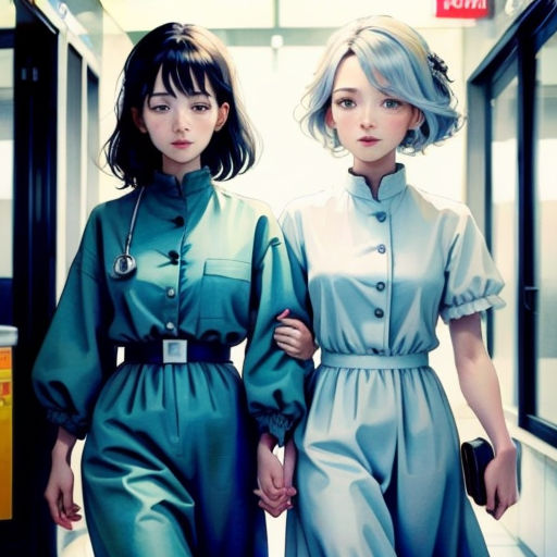 two women walking down a hallway together in dresses and heels with a stethoscope on their neck